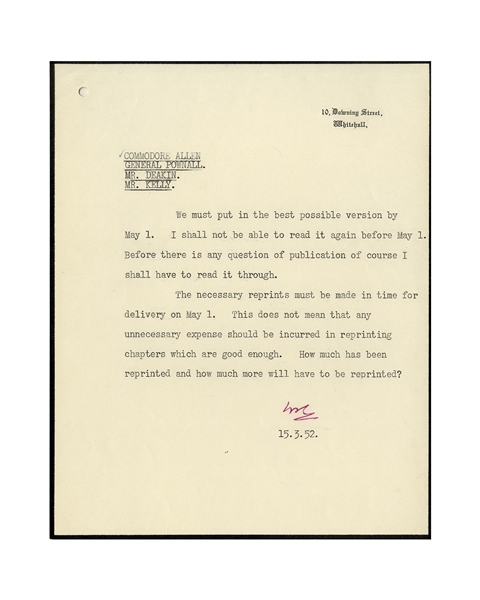 Winston Churchill Letter Signed as Prime Minister, Regarding His WWII Memoir, The Second World War, on 10 Downing Street Stationery
